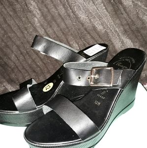 Black Leather Wedge Sandals